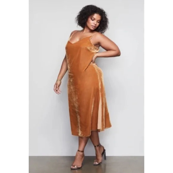 Good American Slip Velvet Midi V-Neck Gold Dress Women's Size Medium - Picture 10 of 10